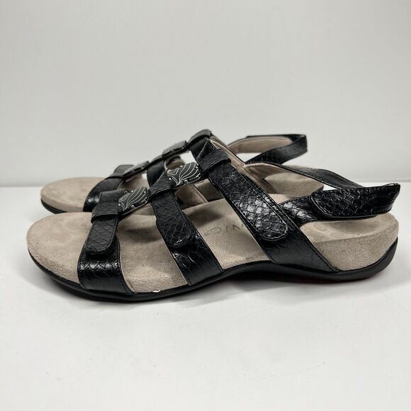 Vionic Women's Amber Sandal Size 6 Black Croc Strappy Adjustable Flat Shoe - Picture 2 of 10